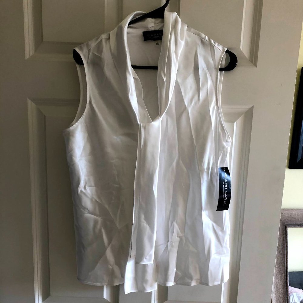 White silk pussy bow blouse tank women's L BNWT